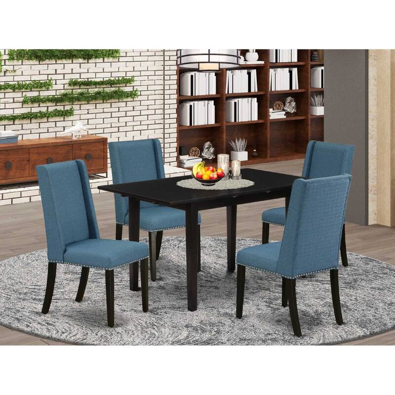 HomeStock 5-Pc Black Finish Solid Wood Top - Rectangular Upholstered Dining Room Set with Butterfly Leaf - Seats 4