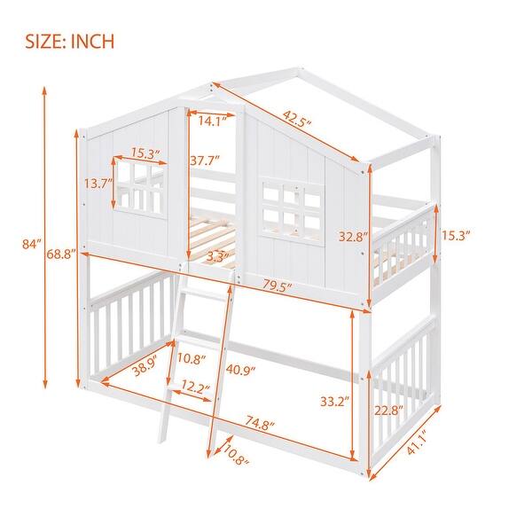 dimension image slide 0 of 3, Twin Over Twin House Bunk Bed with Roof, Window, and Ladder