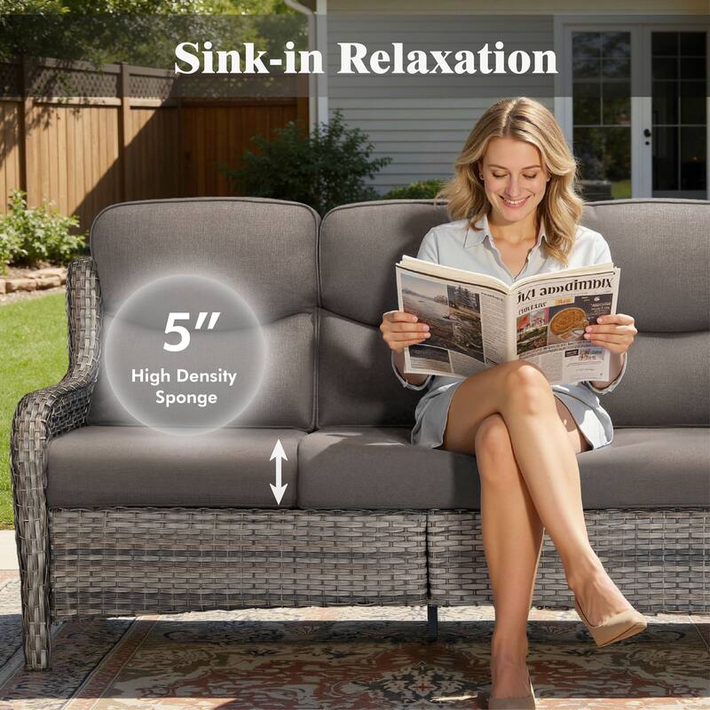 Meyreso 4-Piece Outdoor Patio Wicker Fire Pit Conversation Set with 5-Inch Thick Olefin Cushions