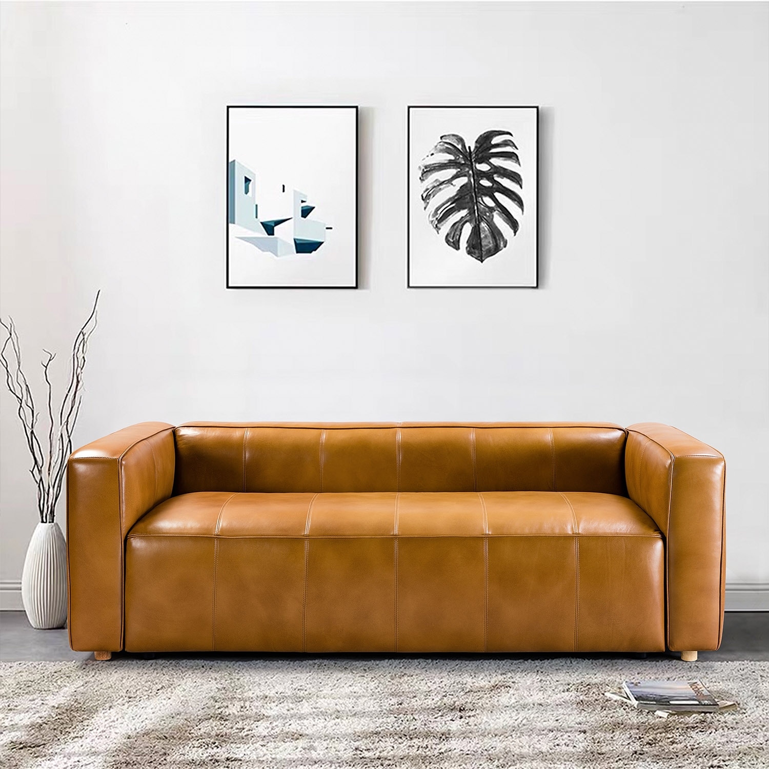 HULALA HOME Donia Mid-Century Modern Leather 82" Curved Sofa with Wooden Legs