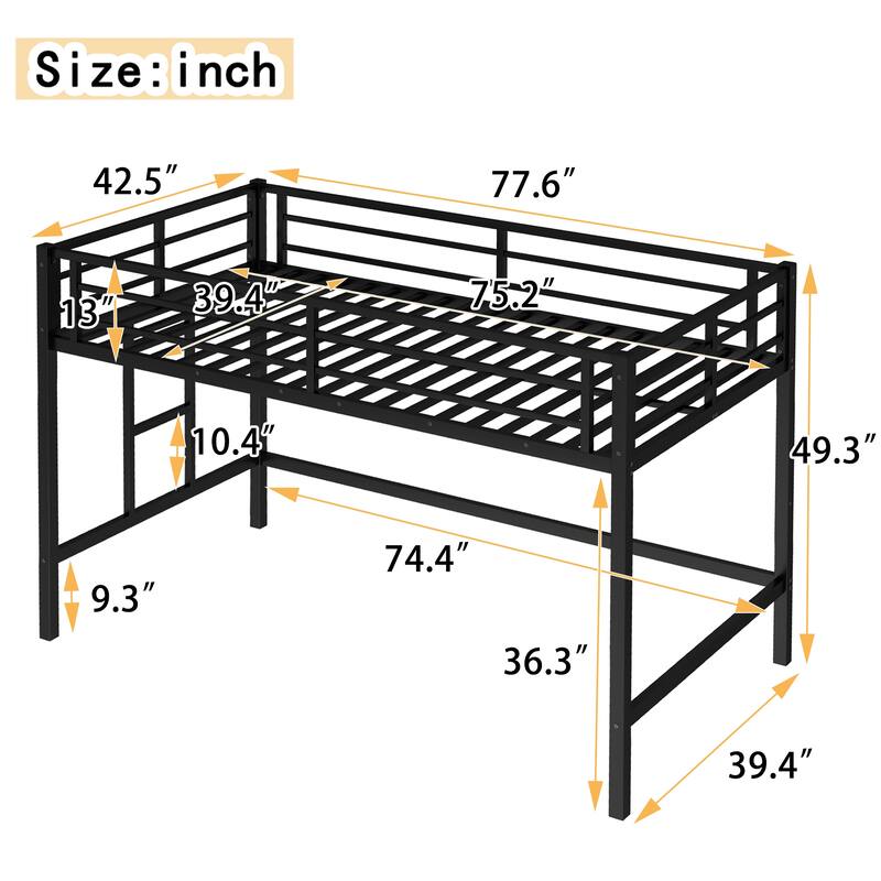 Roomfitters Metal Twin Loft Bed Frame with Ladder & Safety Rail, Space-Saving Design for Bedroom or Studio, Black