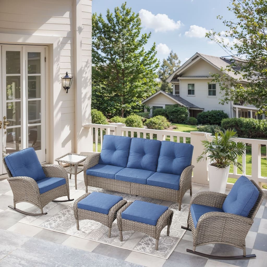 6 Pieces Rocker Chairs Sofa Table Ottomans Grey-Blue - Grey