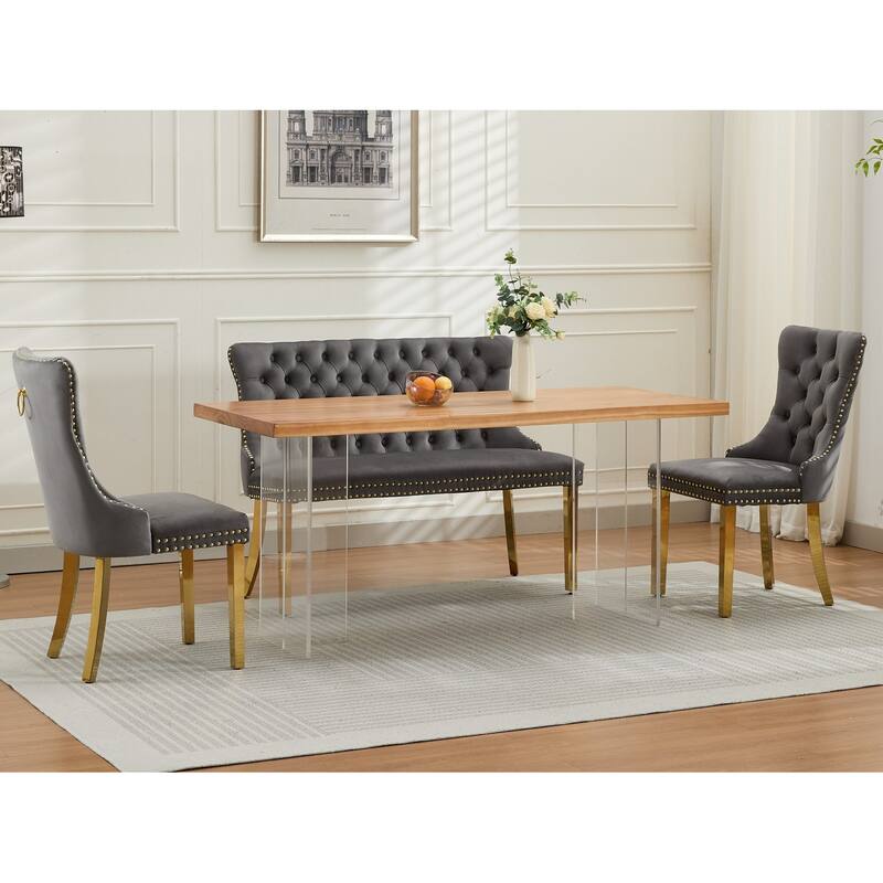Velvet Double Dining Loveseat Bench, Kitchen & Dining Seating, 2-Seat Tufted Bench w/Handmade Buttons, Wing Back