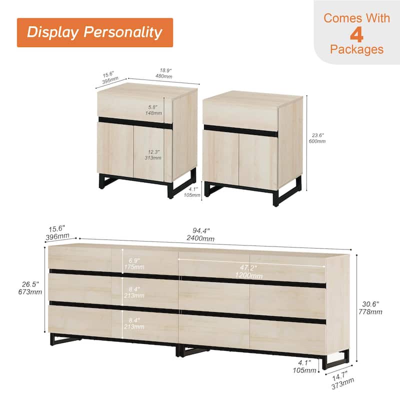 3-Piece Dresser And Nightstand Set,Dresser With 12 Drawers, 2 Nightstand for Bedroom, Bedroom Furniture Set