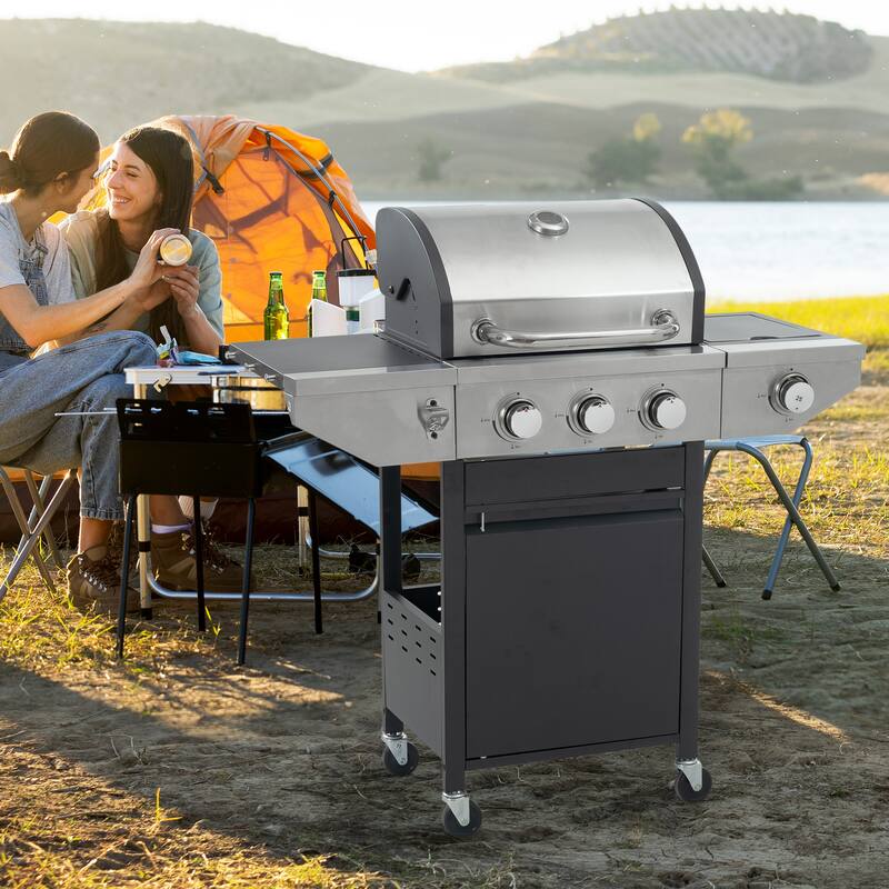 Propane Grill, 3 Burner Barbecue Grill with Side Burner and Electronic Ignition, Stainless Steel BBQ Grill with Wheels