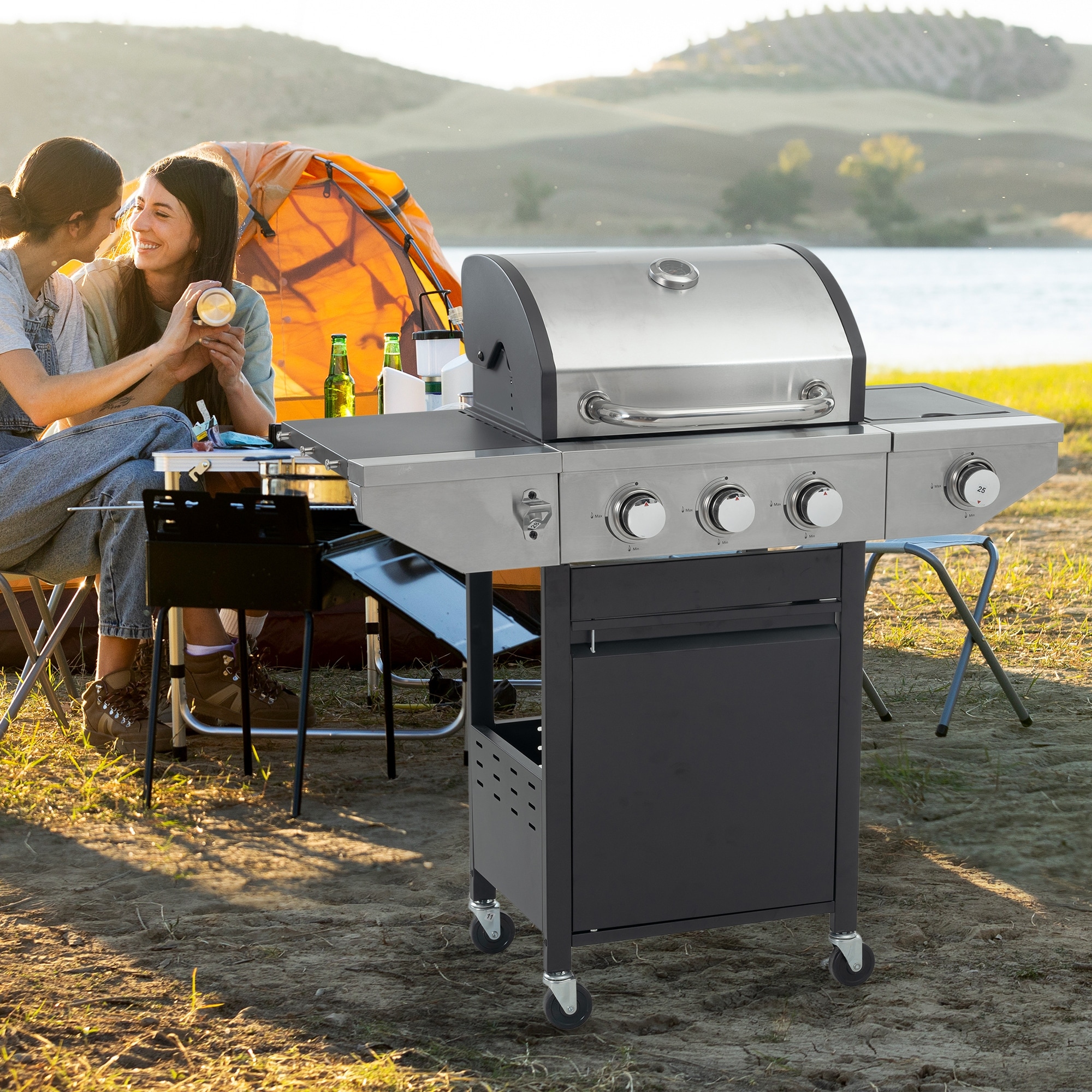Propane Grill 3 Burner Barbecue Grill Stainless Steel Gas Grill with Side Burner and Thermometer for Outdoor BBQ Camping Assembly Required