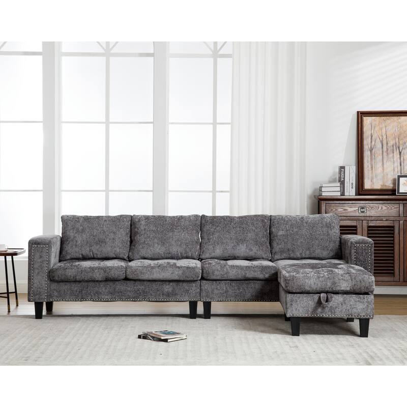 Grey 104.5'' L-Shaped Modular 5 Seat Sectional Sofa with Storage Ottoman, Reversible Chaise and 4 Back Cushions