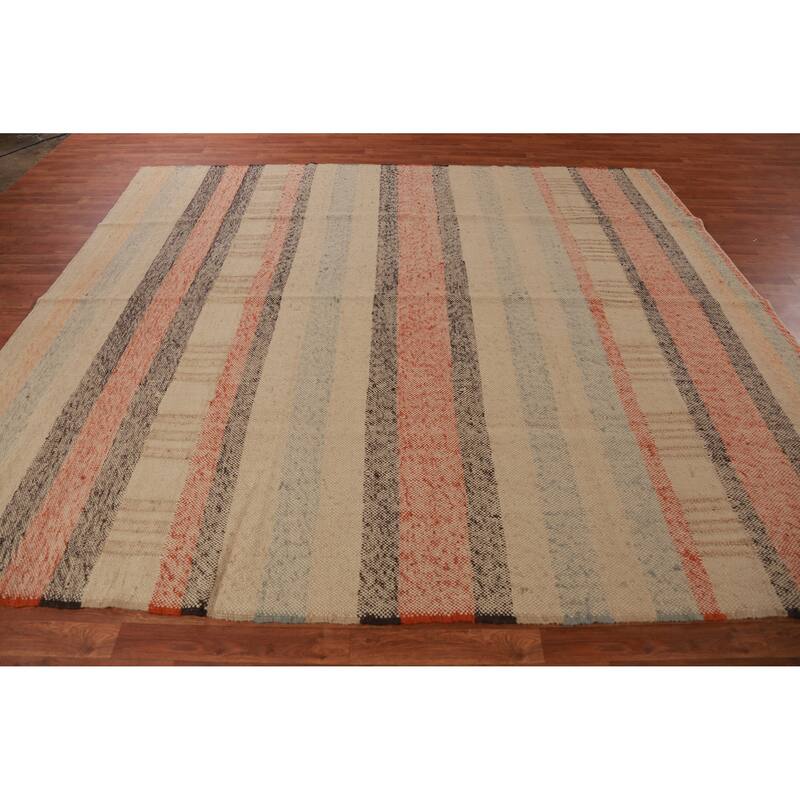 Hand Woven Oriental 100% Jute Carpet Modern Stripe Beige & Ivories Kilim Area Rug - 10' 0'' X 8' 9''