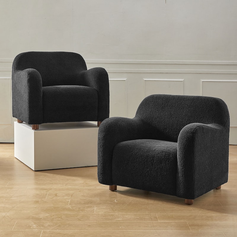 Wayne 35" Wide Boucle Upholstered Teddy Accent Chair with Solid Wood Legs Set of 2 by HULALA HOME - Black