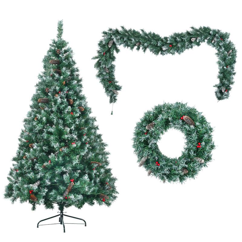 6FT Pre-Lit Christmas Tree with Garland & Wreath Set, LED Multi-Color & Warm Lights, Green and White Tips