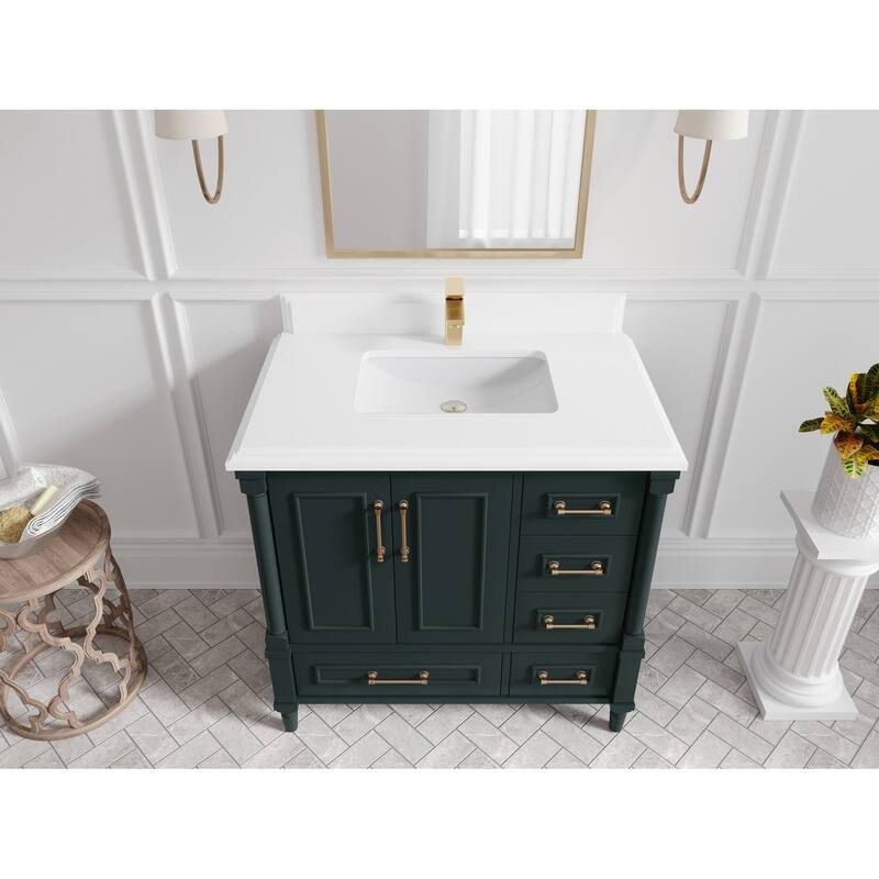 Willow Collections 36 in. W x 22 in. D Aberdeen Center Sink Left Bathroom Vanity with Countertop - 1.5" White Quartz - Dark Forest Green