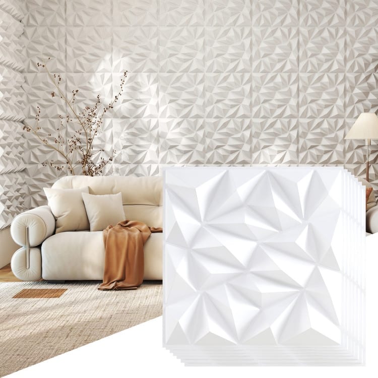 White PVC 3D Wall Panels with Diamond Pattern Peel and Stick Set of 20