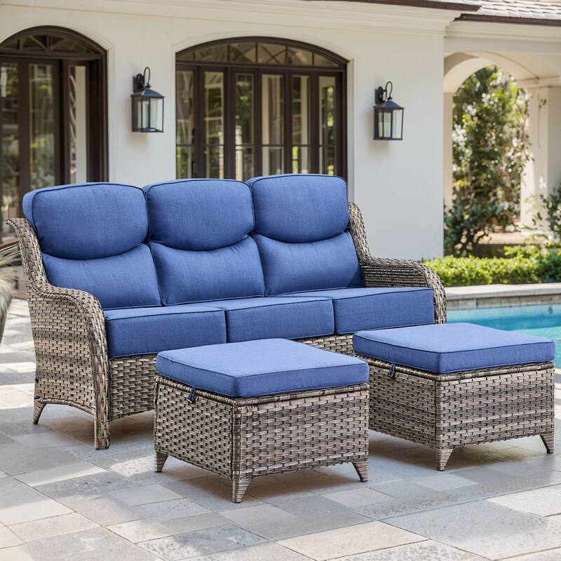 Gymojoy 3-Piece Patio Furniture Sofa Set with Ottomans, 6-Inch Ultra-Plush Cushions & Water-Resistant Olefin Fabric - Grey Wicker / Blue Cusion - 3-Piece