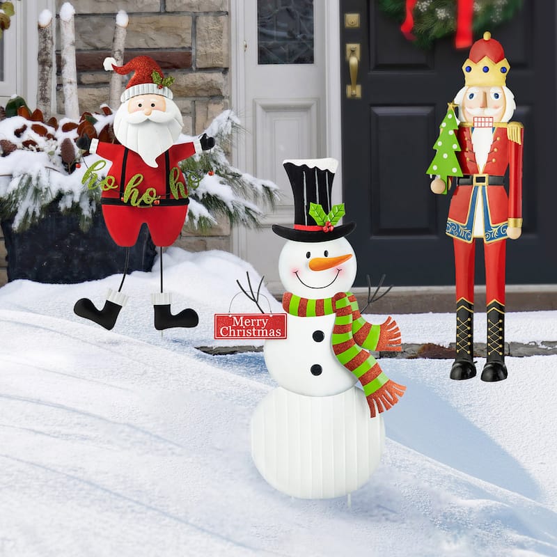 Glitzhome Christmas Metal Nutcraker Snowman Santa Garden Yard Stakes Wall Decor