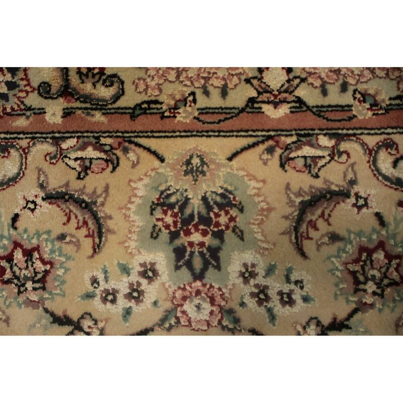 Hand Knotted Oriental Wool & Silk Carpet Traditional Floral Green Aubusson Area Rug - 9' 0'' X 6' 2''