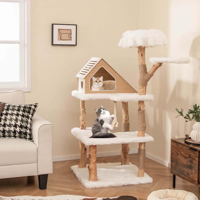 Costway 60" Tall Solid Wood Cat Tree with 2 Perches Condo Jute - See Details