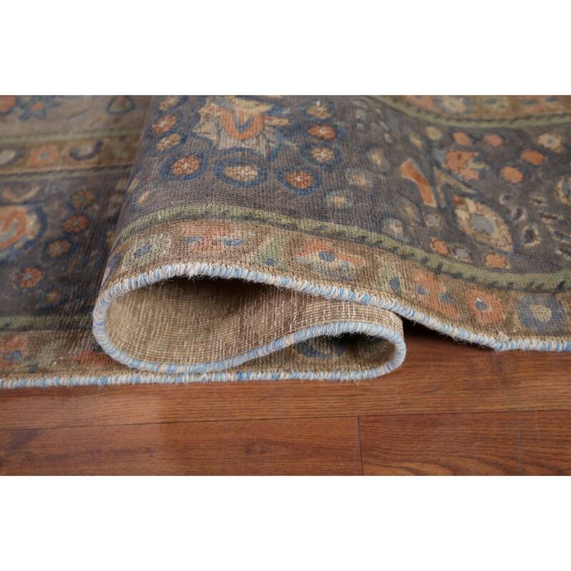 Distressed Tabriz Vintage Persian Area Rug Handmade Grey Wool Carpet - 9'10" x 12'10"
