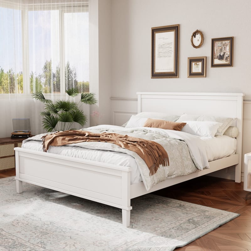 Wood Platform Bed Frame with Headboard, Wooden Panel Bed with Wood Slat Support and Under Bed Storage, No Box Spring Needed - White - Queen