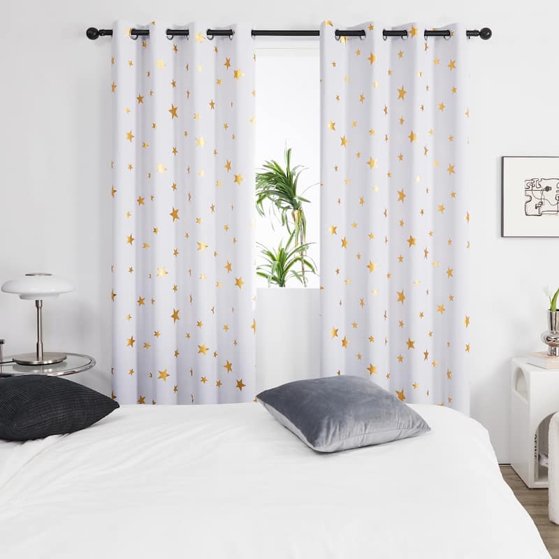 Gold Star Foil Room Darkening Curtains for Kids 2 Panels