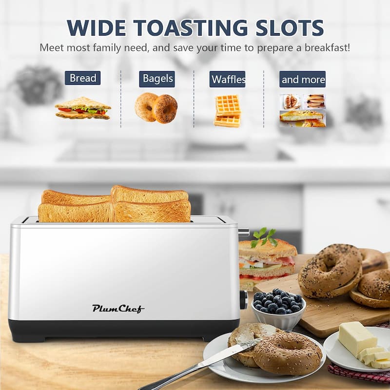 4-Slice Extra Wide Long Slot Toaster (Silver, 1500W) - Stainless Steel with Warming Rack
