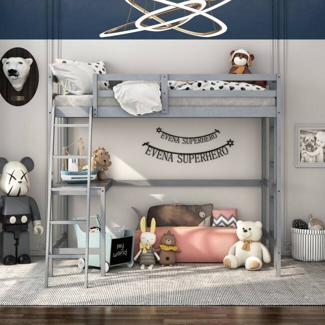 Twin Size Loft Bed Frame with Desk Angled and Built-in Ladder
