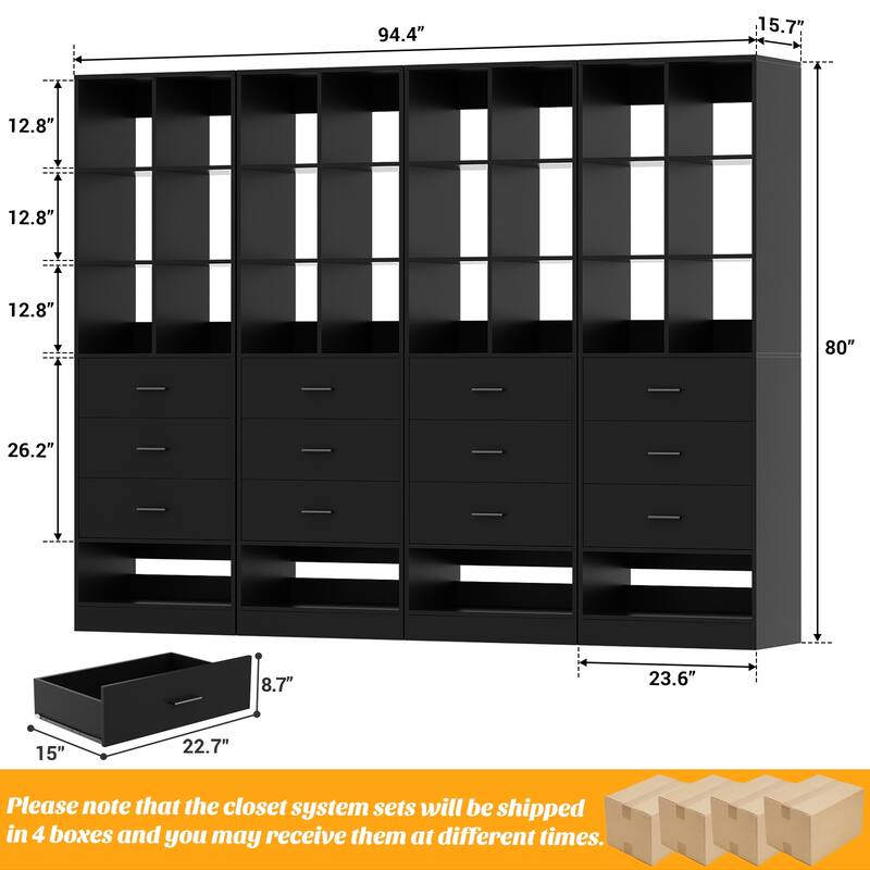 Qvella 23.6'' W Closet System with 3 Wooden Drawers and Partition Storage,Modular Closet Organizer for Walk-in/Reach-in Closet