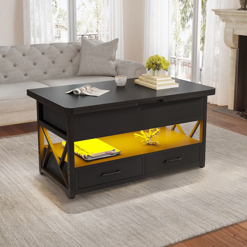 Coffee Table Lift Top 2 Drawers Hidden Compartment for Living Room
