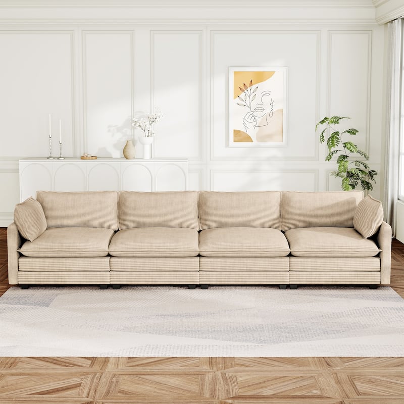 148" Overised 4 Seater Corduroy Clud Couch Modular Sectional Sofa for Living Room - Khaki
