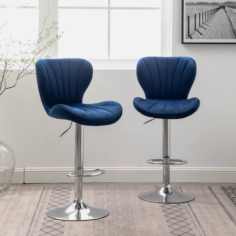Set of 2 Adjustable Swivel Barstools with Upholstered Bucket Seats and Chrome Footrest.