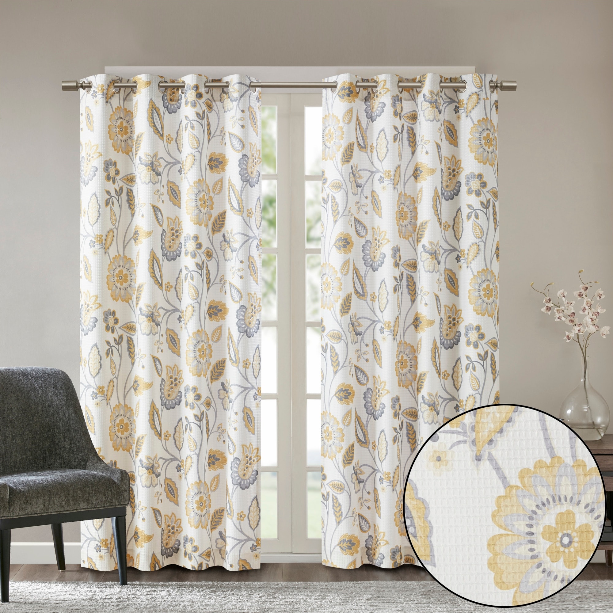 Set of 2 Gold Jacquard Grommet Window Curtain Panels Floral Medallion Design 
