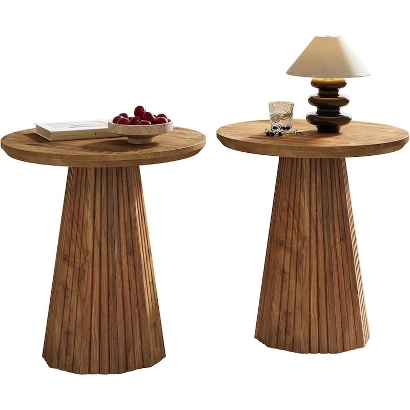 19-inch Solid Wood Small Round Pedestal Side/End/Bedside Table with Fluted Base