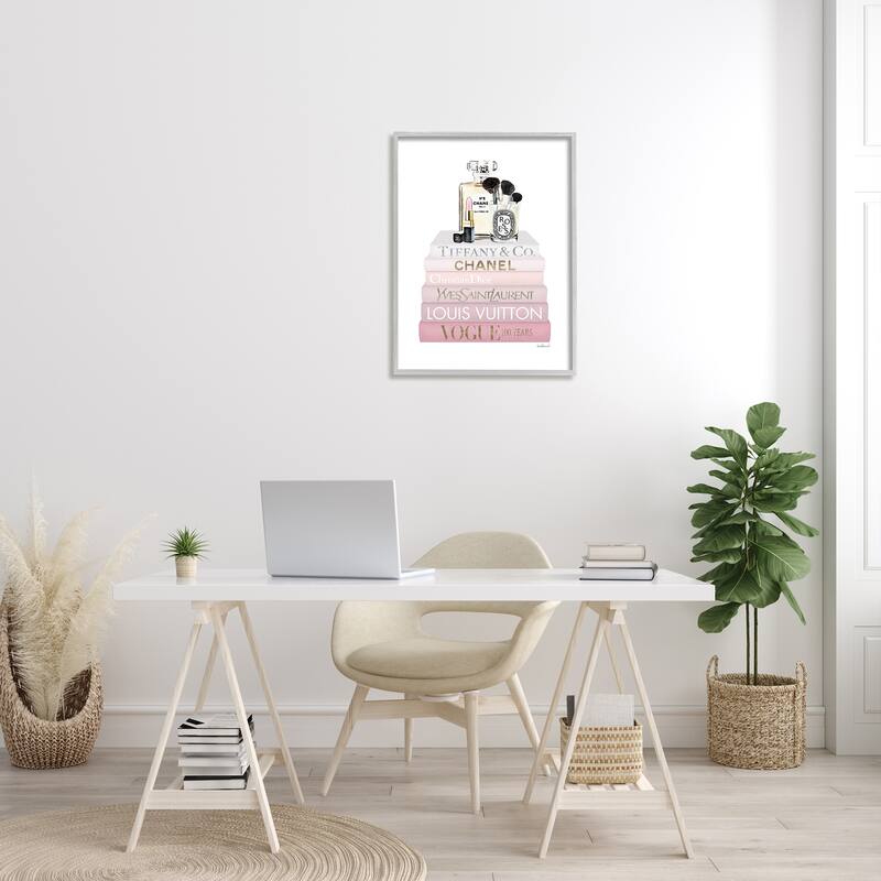 Stupell Deluxe Fragrance and Cosmetics Glam Pink Bookstack Framed Wall Art