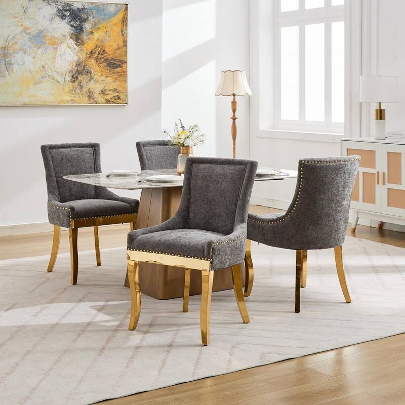 Luxe Curved Accent Dining Chairs with Gold-Plated Legs & Textured Chenille Upholstery, Set of 2