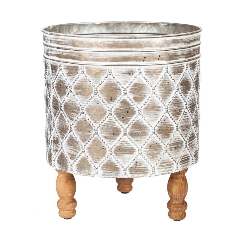 Embossed Metal Planter with Wood Legs, (Set of 2)