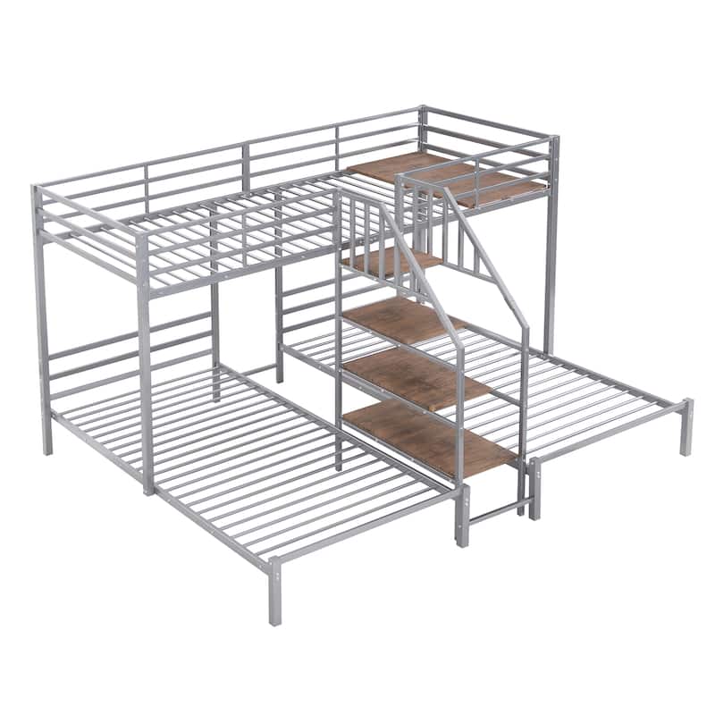 Metal Twin over Twin & Twin Bunk Bed with Storage Shelves Staircase, Triple Bunk Bed Frame, No Box Spring Needed for Kids