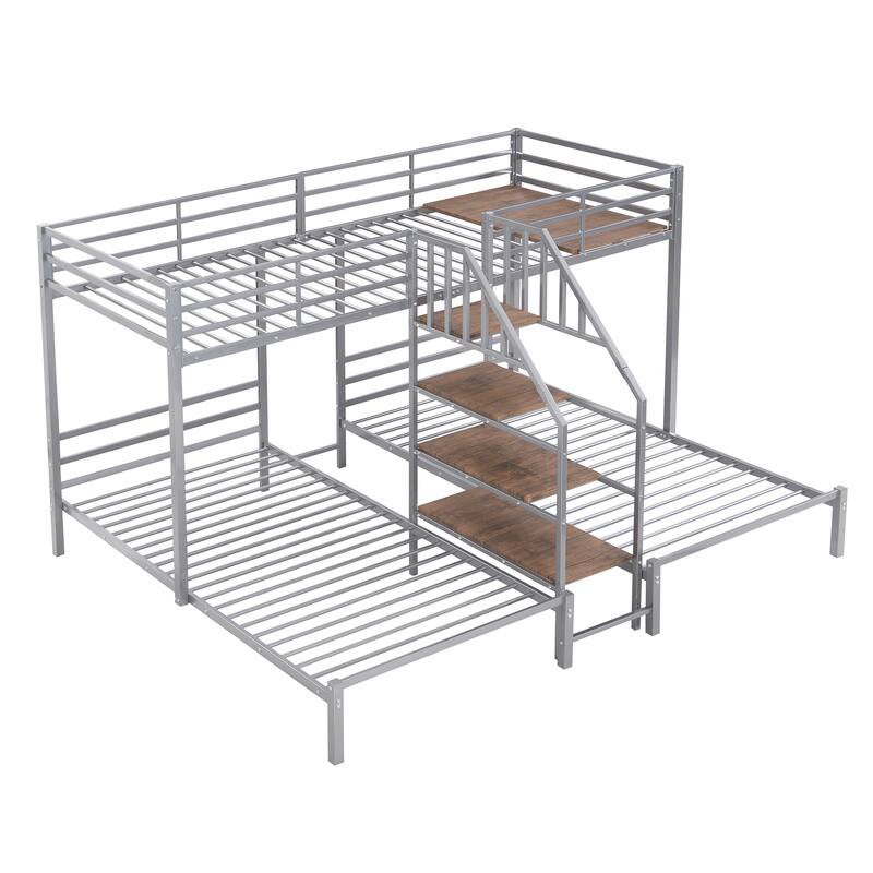 Triple Bunk Bed for Kids, Metal Twin Over Twin & Twin Bunk Bed with Staircase and Storage Shelves, Space-Saving Design