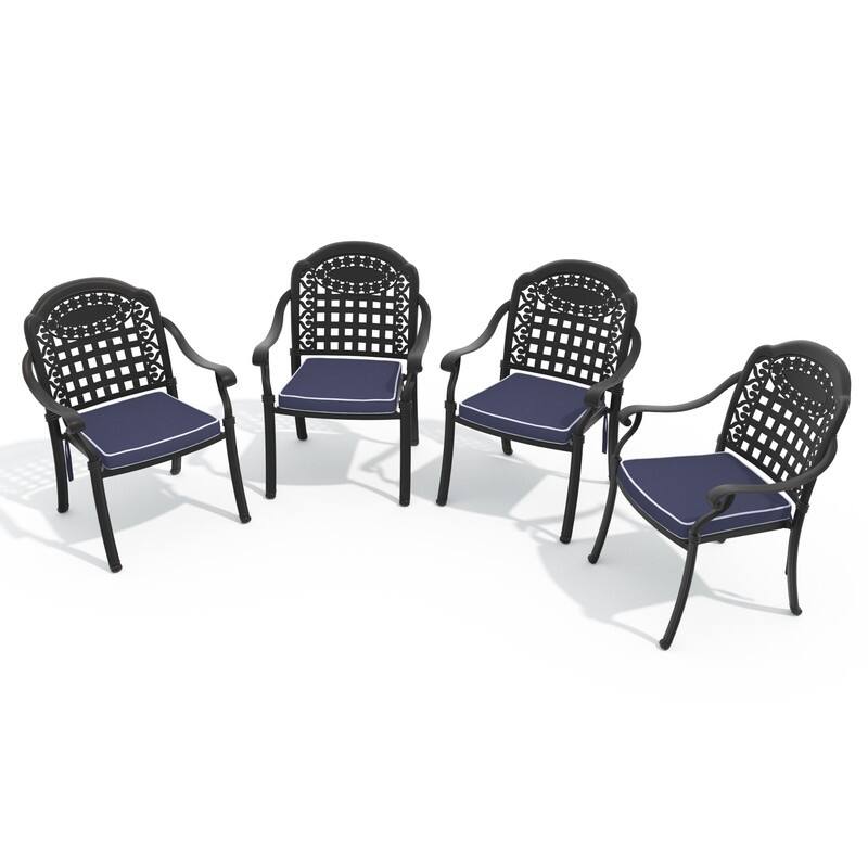 4-Piece Black Stackable Aluminum Patio Chairs with Cushions