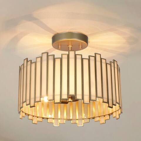 Tifany Modern Glam Gold 3-Light Drum Chandelier Tiffany Glass Semi-Flush Mount Ceiling Light Dimmable