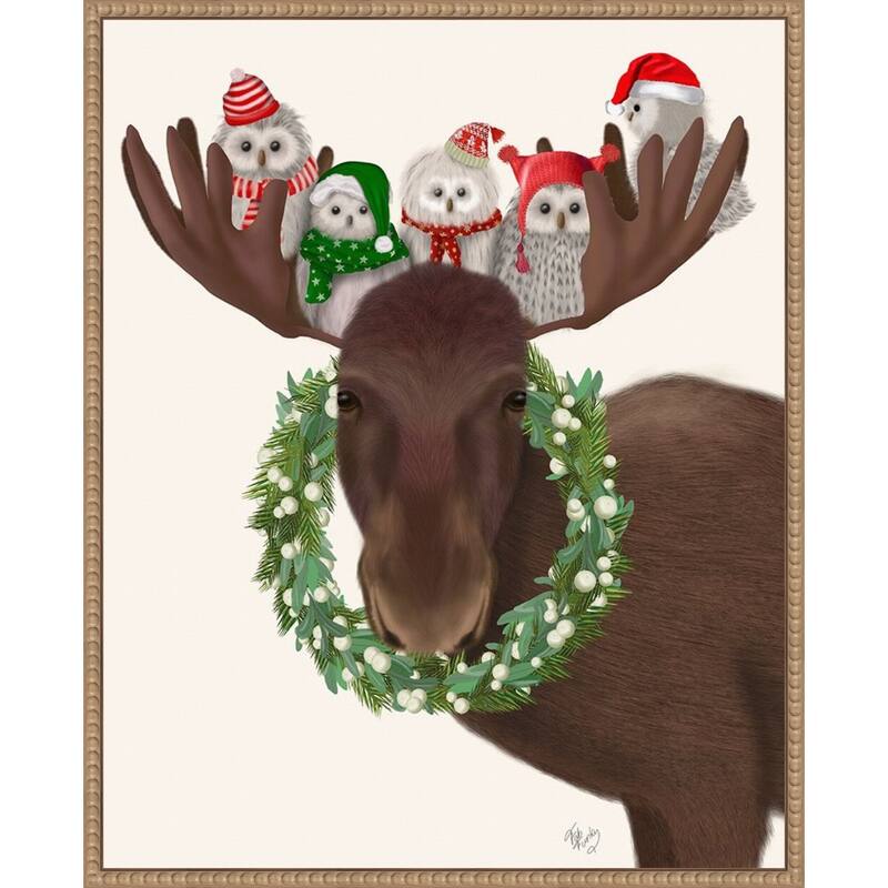 Christmas Moose and Christmas Owls by Fab Funky (23 x 28 in.), Framed Canvas Wall Art Print - Sylvie Beaded Rustic Natural