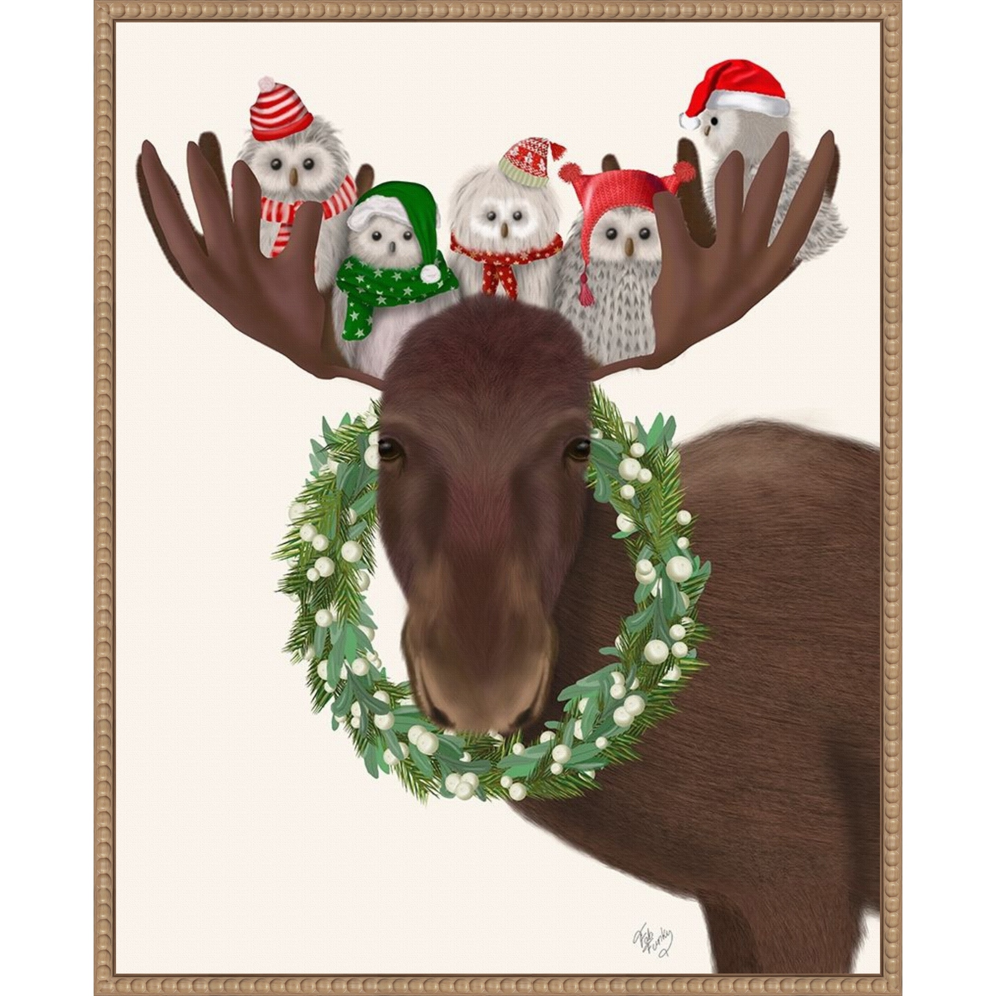 Christmas Moose and Christmas Owls by Fab Funky (23 x 28 in.), Framed Canvas Wall Art Print - Sylvie Beaded Rustic Natural