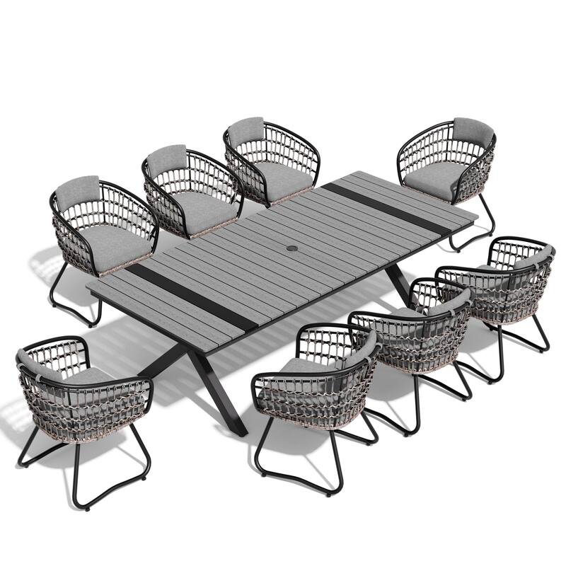 11-Piece Outdoor Dining Set Aluminum Dining Table with Cushioned PE Rattan Chairs - Set of 9 - Grey