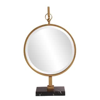 Allan Andrews Round Gold Metal Framed Tabletop Mirror with Marble Base - 17"D x 30"H