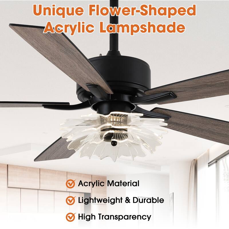 52-inch Industrial Acrylic Matte Black DC Ceiling Fan with Light and Remote