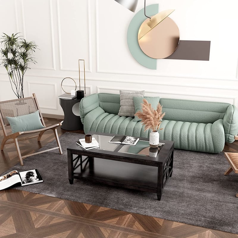 2-Tier 45.5" X 26" Solid Wood Coffee Table Tempered Glass Top