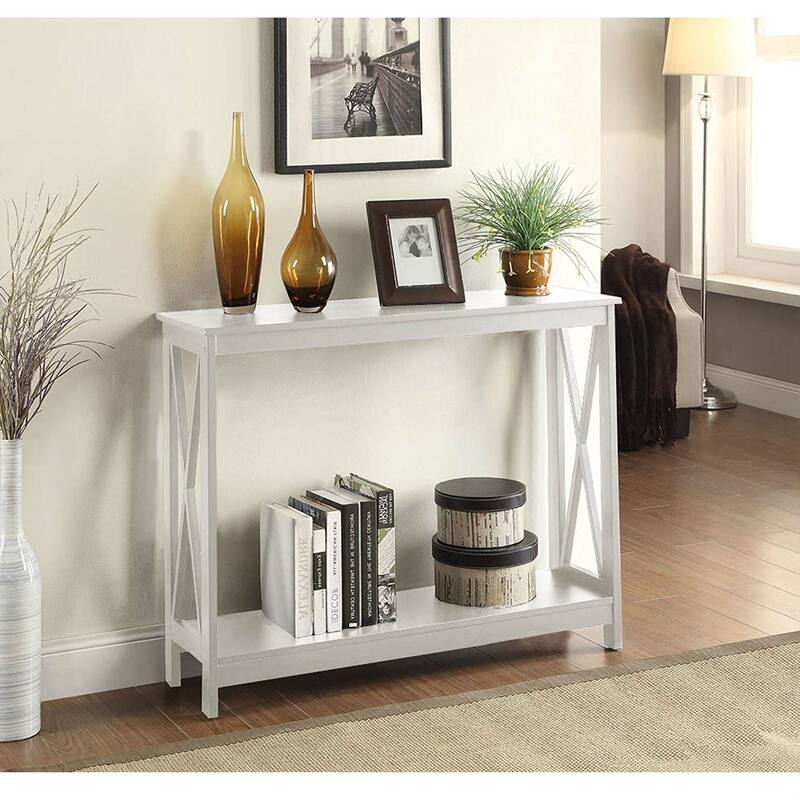 White Wood Console Sofa Table with Bottom Storage Shelf - 39.4 x 11.8 x 31.5 inches
