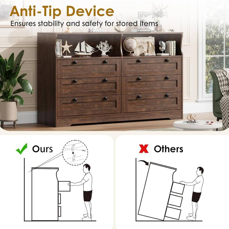 6 Drawer Dresser for Bedroom with Power Outlet and LED Light