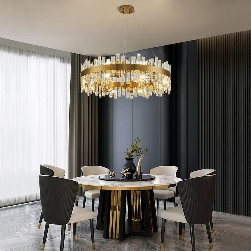 32 in. 2-Tier Modern Crystal Chandelier Brass Gold Round Crystal Raindrop Chandelier Contemporary Pendant Light for Dining Room