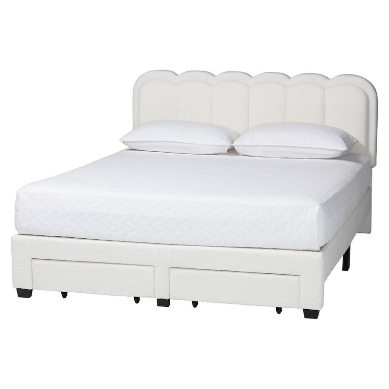 Caradonna Cream Teddy-Bear Fabric Bed with Storage Drawers - Fully Upholstered Platform Bed with Scalloped Headboard, Queen - Cream - Queen