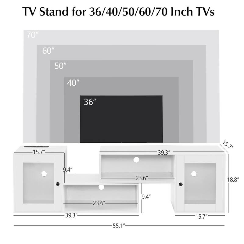 VECELO TV Stand with LED Lights & Power Outlets, Storage Shelves - 55 inches