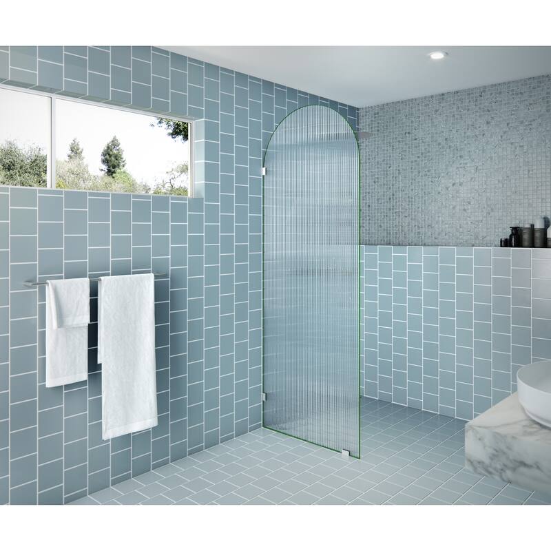 Maven 30 in. x 86.75 in. Fully Frameless Glass Shower Panel - Arched Fluted Single Fixed Panel - Brushed Nickel